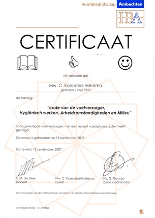 Certificaat Code van de voetverzorger, hygienisch werken, arbeidsomstandigheden en milieu